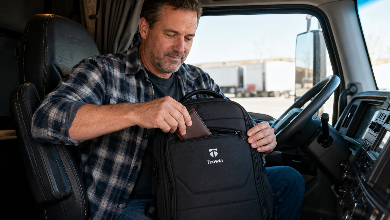 Tzowla backpack propped against a truck cab door with a laptop visible through the mesh side window