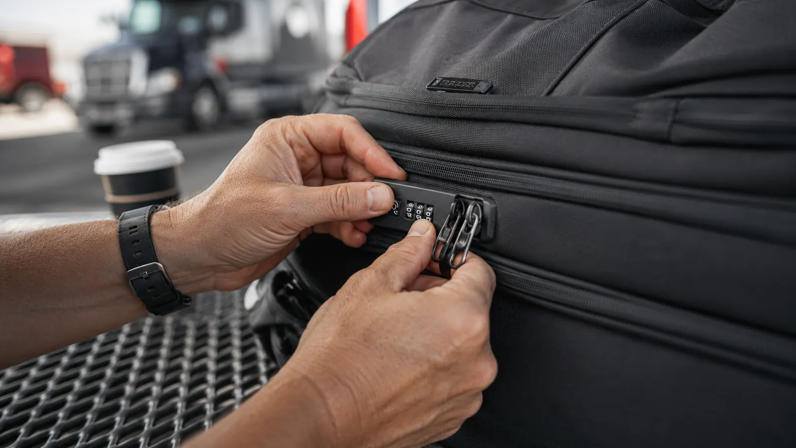 Overhead flat-lay of road-warrior gear organized inside an open anti-theft backpack