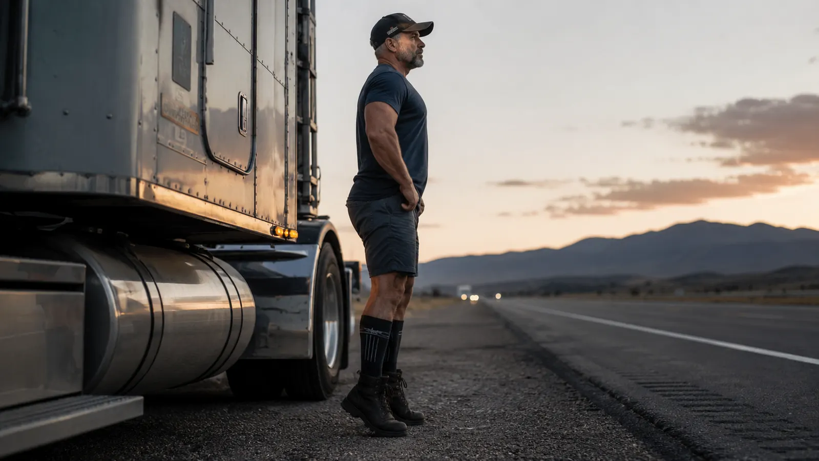 Trucker walking across a truck stop parking lot at sunset, compression socks visible above boot line