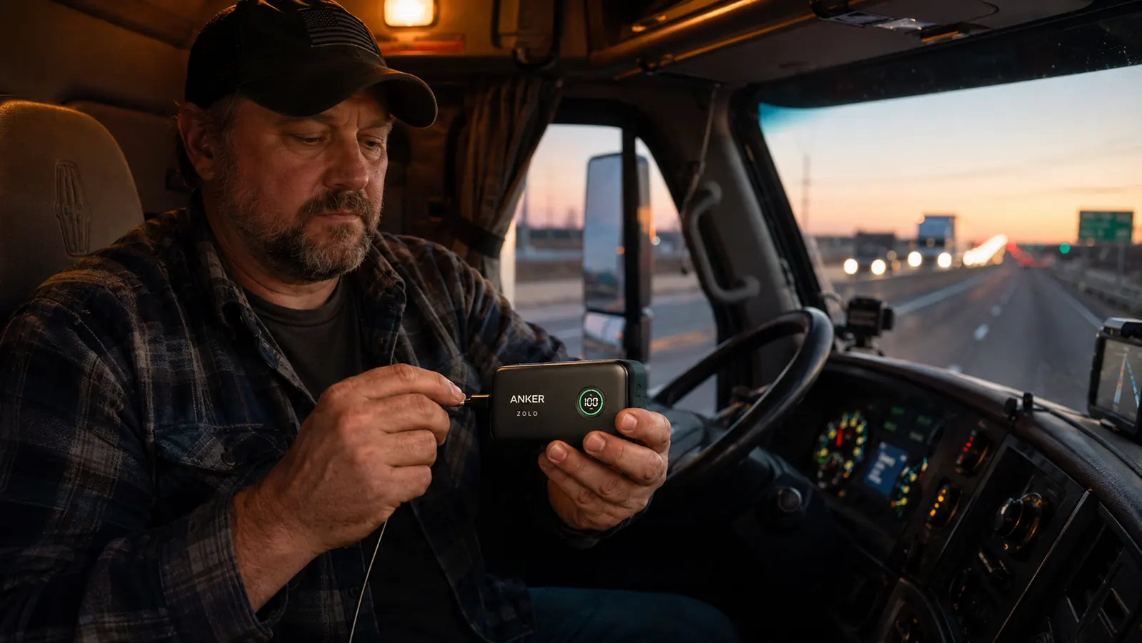 Hand holding the Anker Zolo power bank with built-in USB-C cable extended, resting on a truck center console