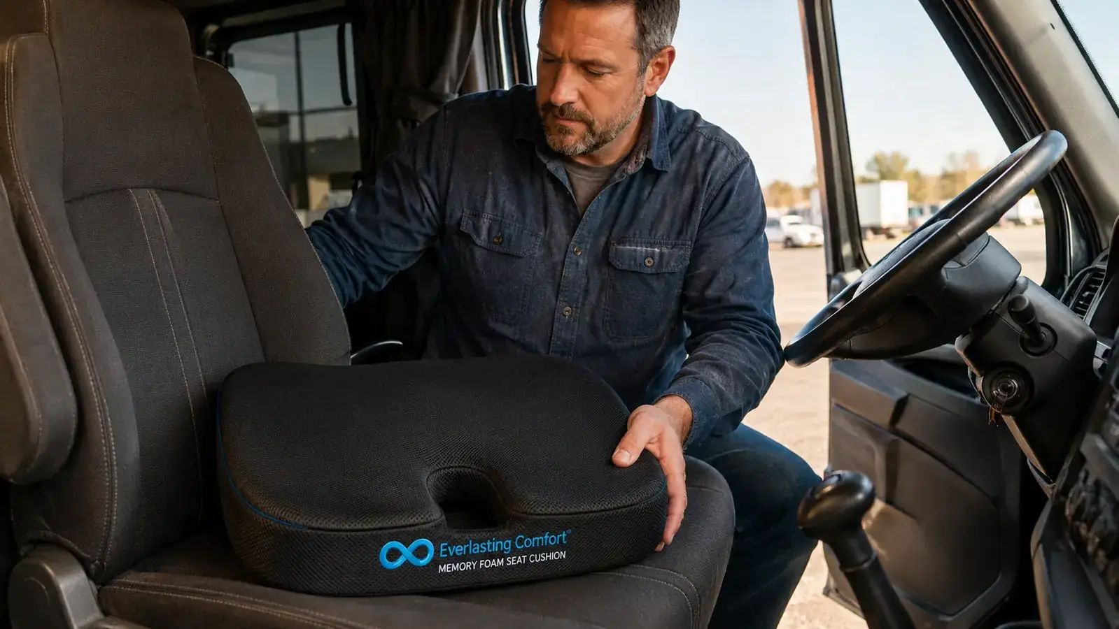 Close-up of the Everlasting Comfort memory foam seat cushion showing the coccyx cutout and velvet cover