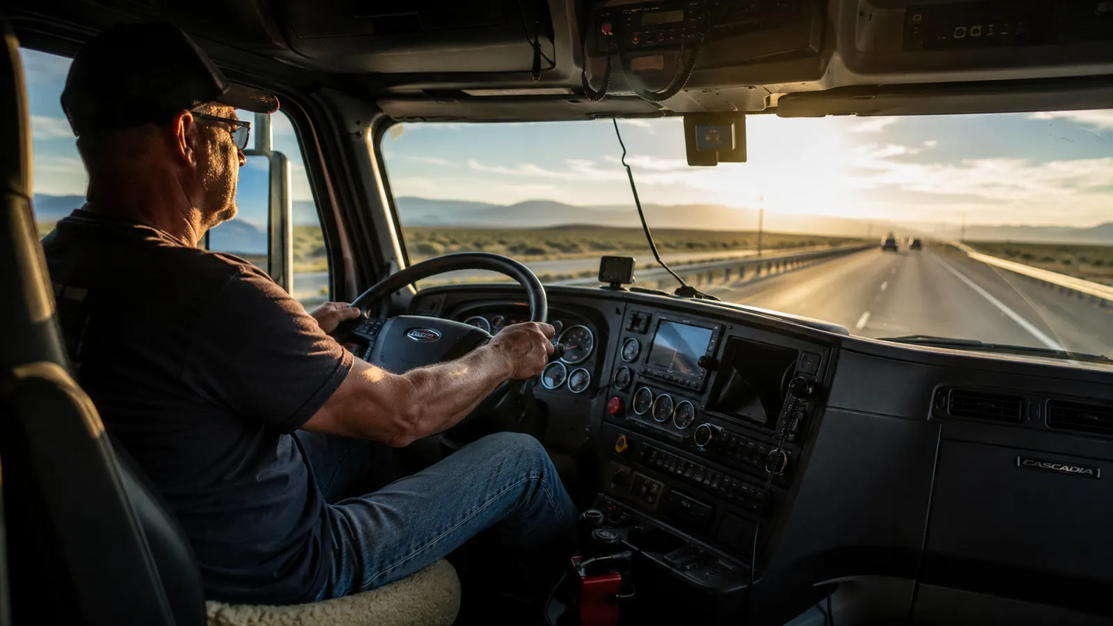 Truck driver walking away from parked semi at a rest stop, appearing relaxed rather than stiff