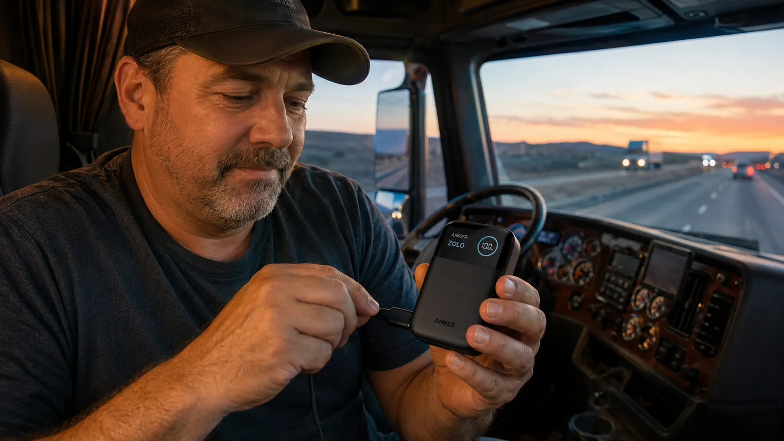 Hands plugging a USB-C cable from a power bank into a smartphone on a truck center console
