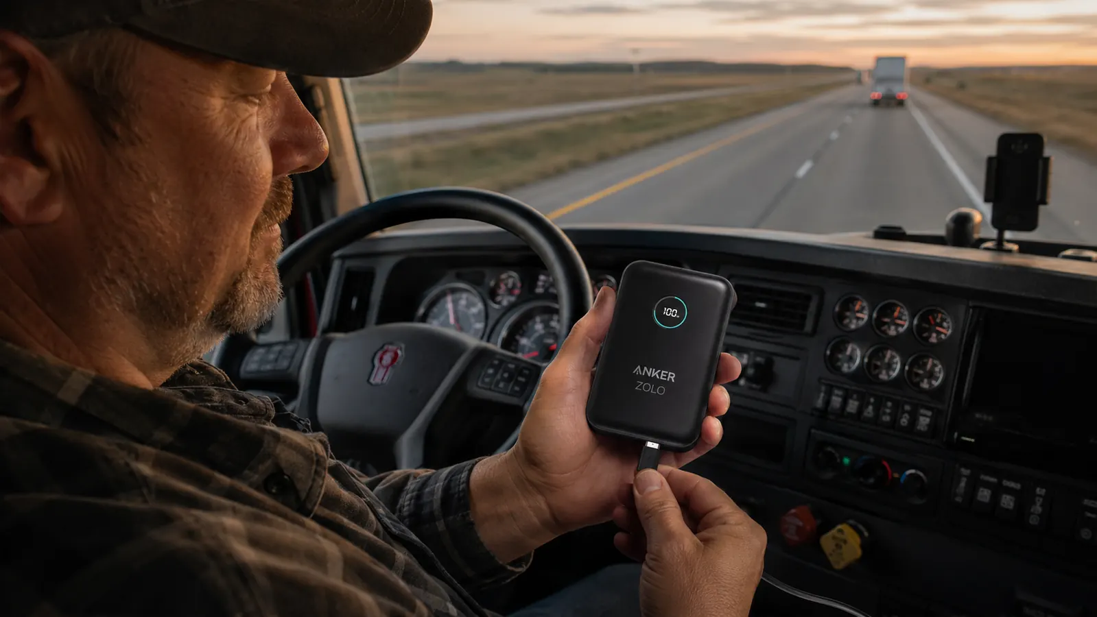Hand holding the Anker Zolo power bank with the built-in USB-C cable extended and plugged into a smartphone