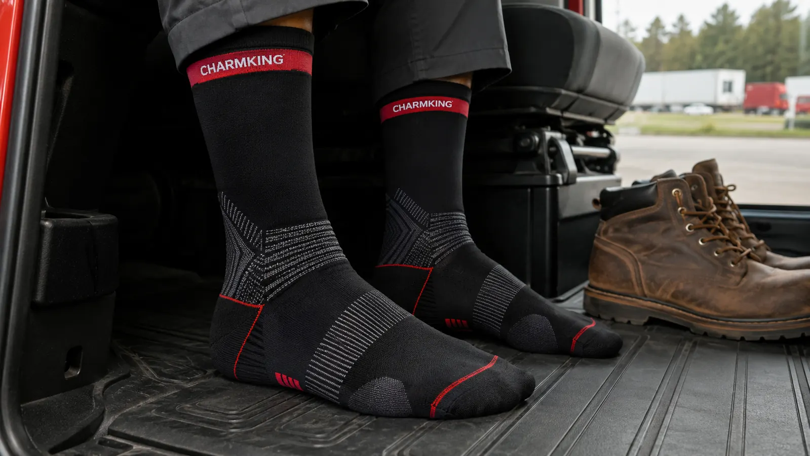Side-by-side comparison of a new pair of CHARMKING socks and a heavily washed pair showing elastic wear