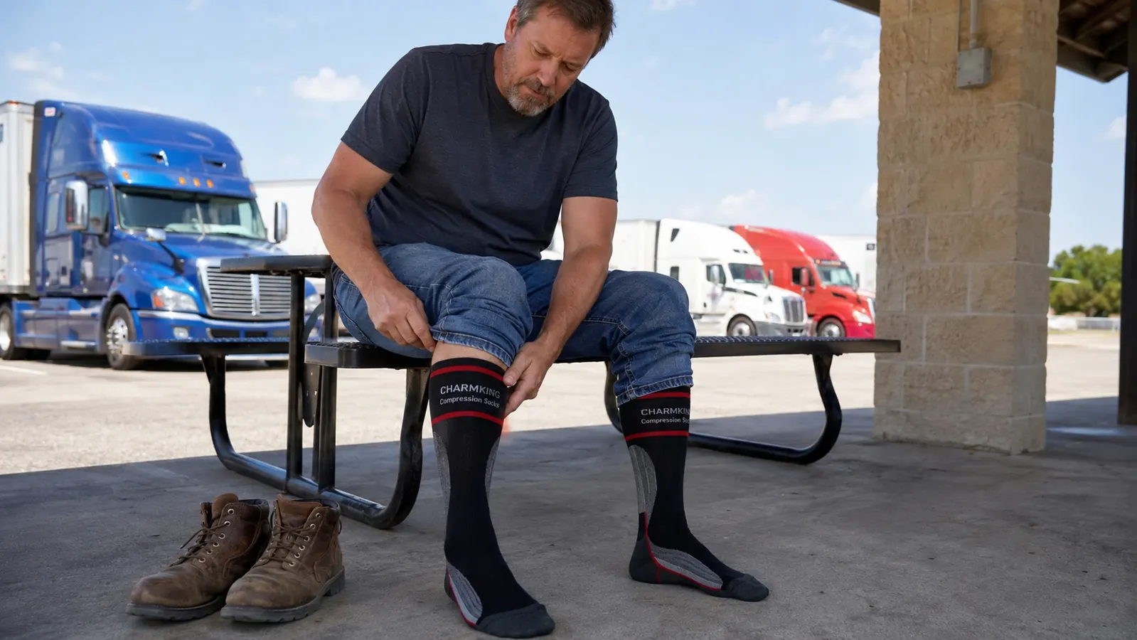 Three pairs of black and grey compression socks laid flat on a truck bunk, organized and road-ready