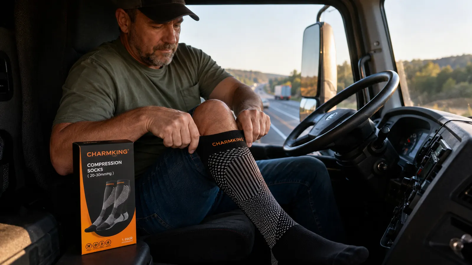 Compression sock and a regular cotton crew sock laid side by side on a truck cab rubber floor mat showing texture and construction difference
