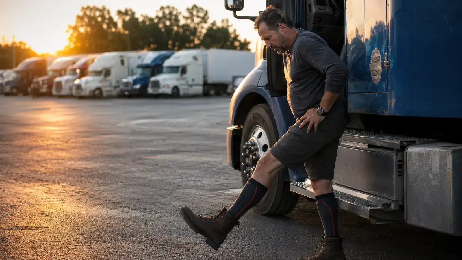 Trucker walking across a truck stop parking lot at dawn wearing work boots with compression socks visible above the boot line