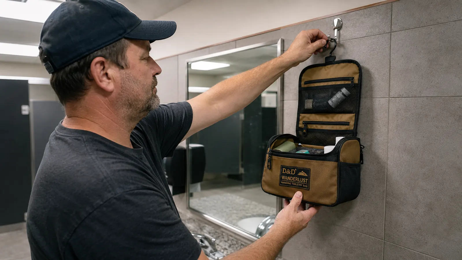Man's hand gripping the stainless swivel hook on a hanging toiletry bag against a tiled bathroom wall