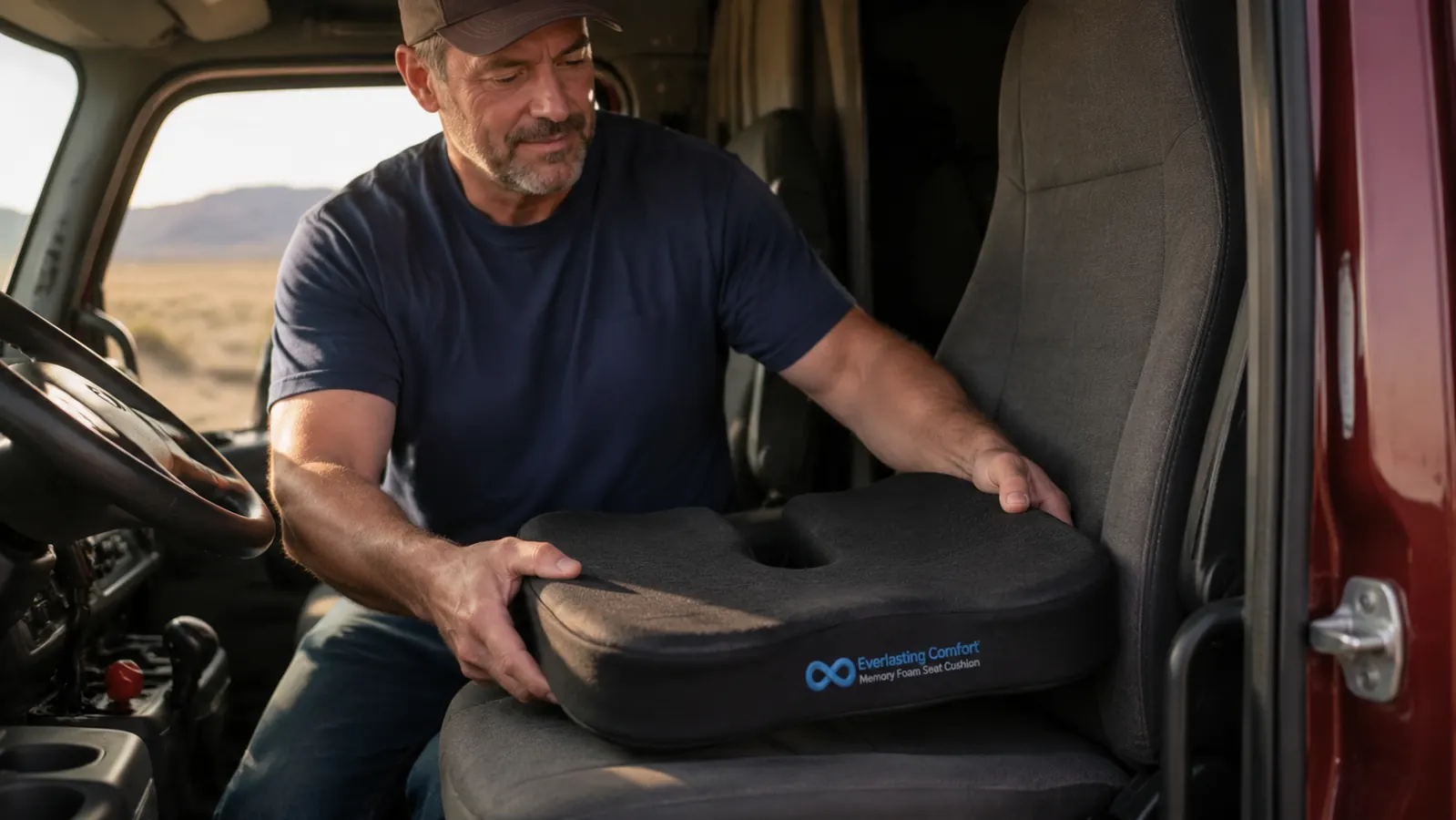 Hand pressing down on the Everlasting Comfort memory foam cushion to test firmness