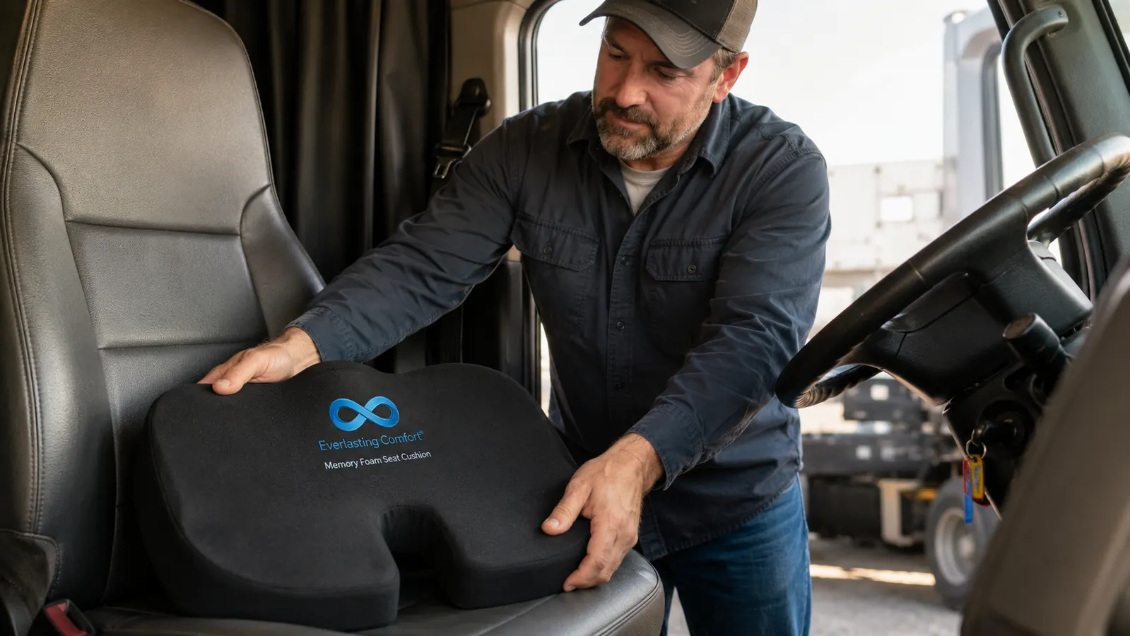 Driver's hand placing the Everlasting Comfort memory foam cushion onto a truck seat, cushion's coccyx cutout visible from above