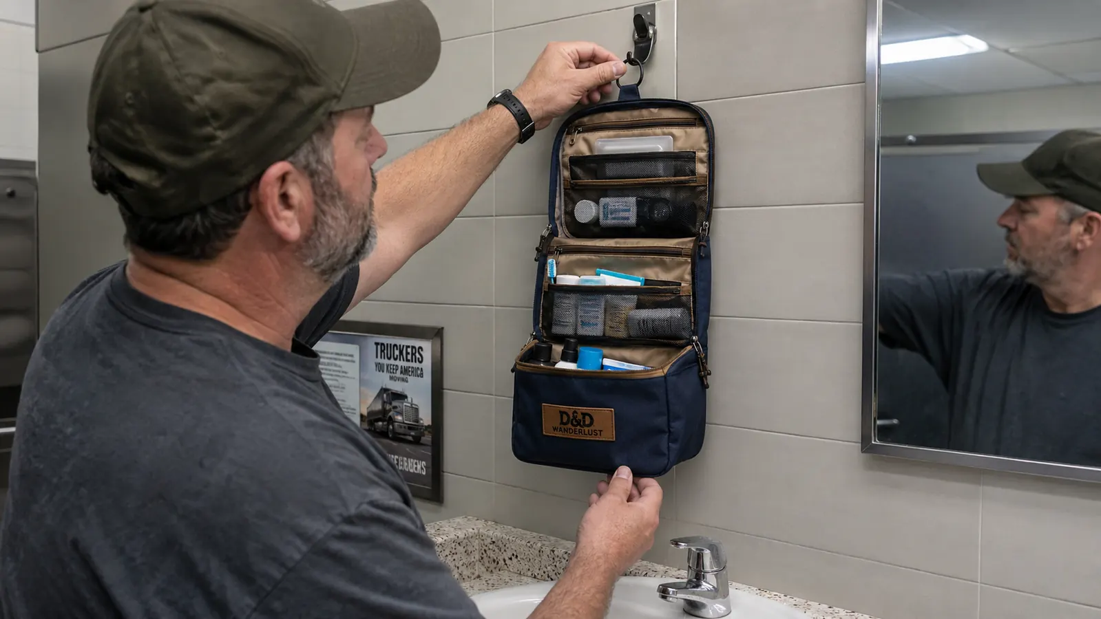 Hands opening the D&D Wanderlust hanging toiletry bag to access a front pocket compartment while it hangs from a hook