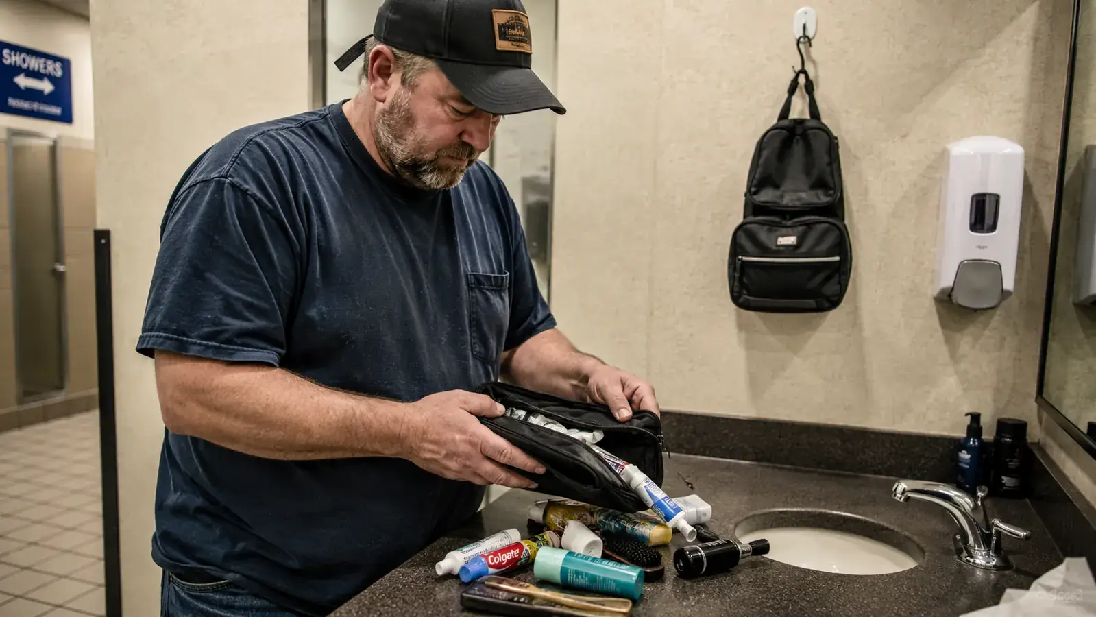 Side-by-side comparison showing a hanging toiletry bag on a hook versus a flat dopp kit balanced on a narrow wet sink shelf