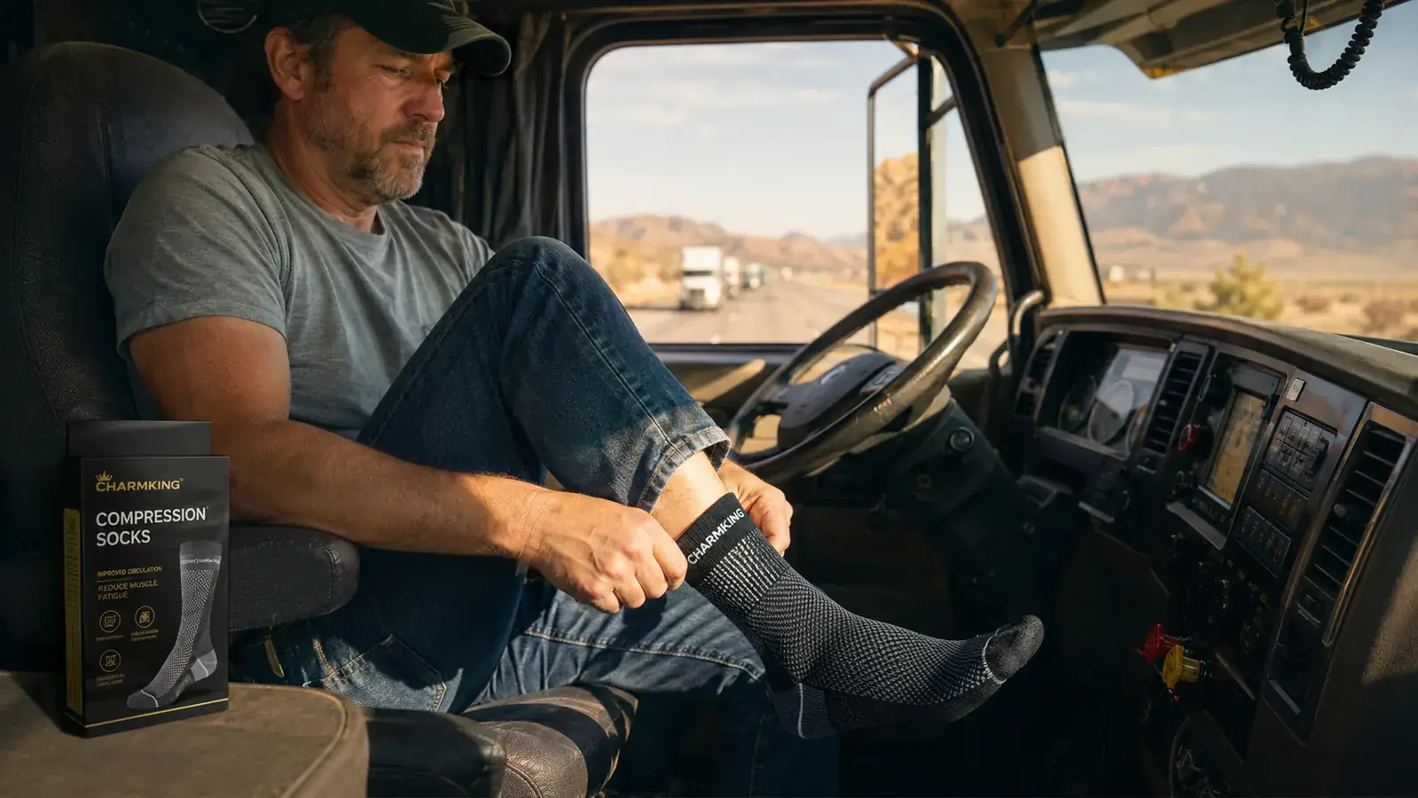 Close-up of compression socks being pulled on over bare feet before a long drive