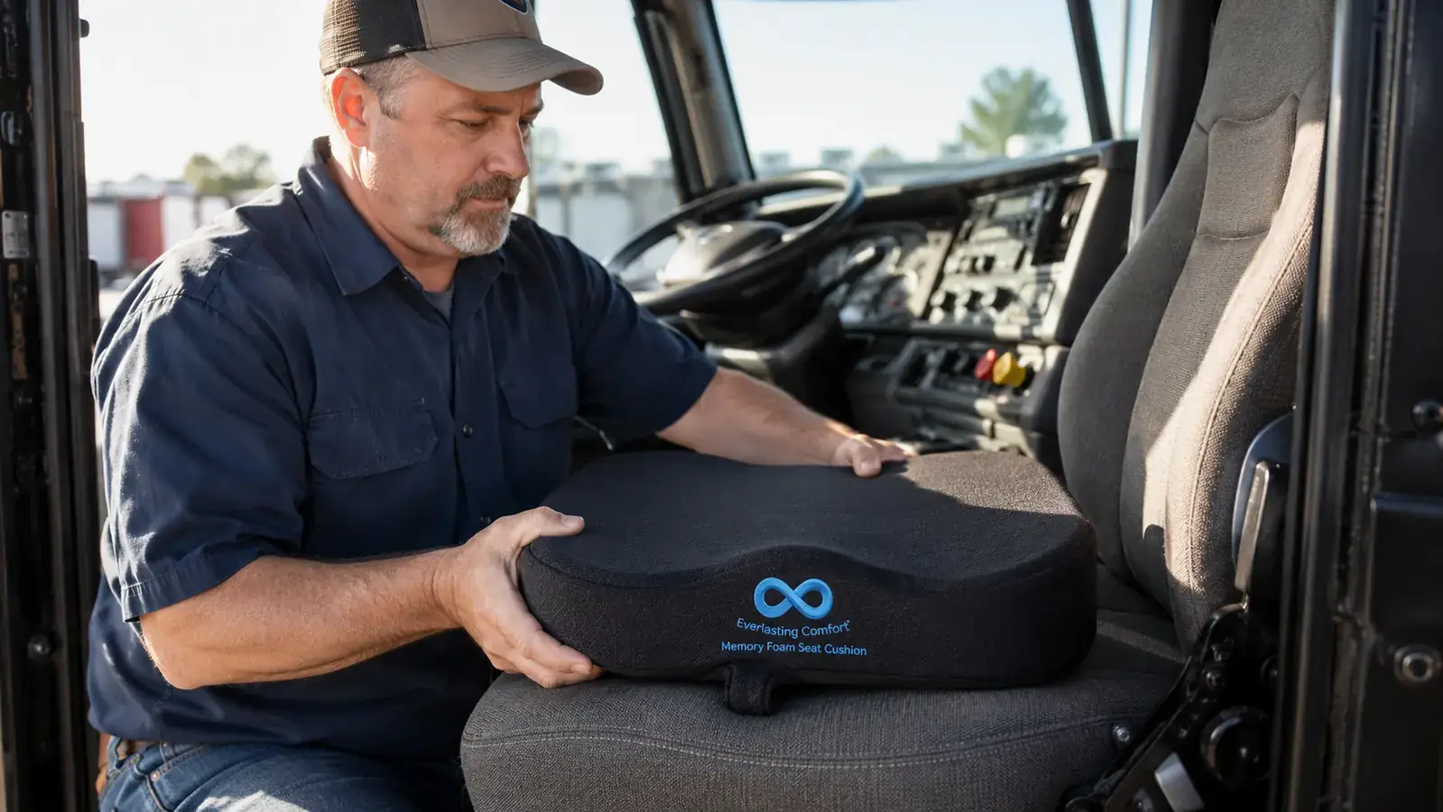 Memory foam seat cushion placed on a truck cab driver seat with a hand pressing into the foam