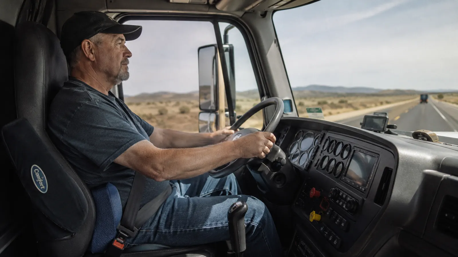 Trucker standing beside his rig at a rest stop doing a standing back stretch