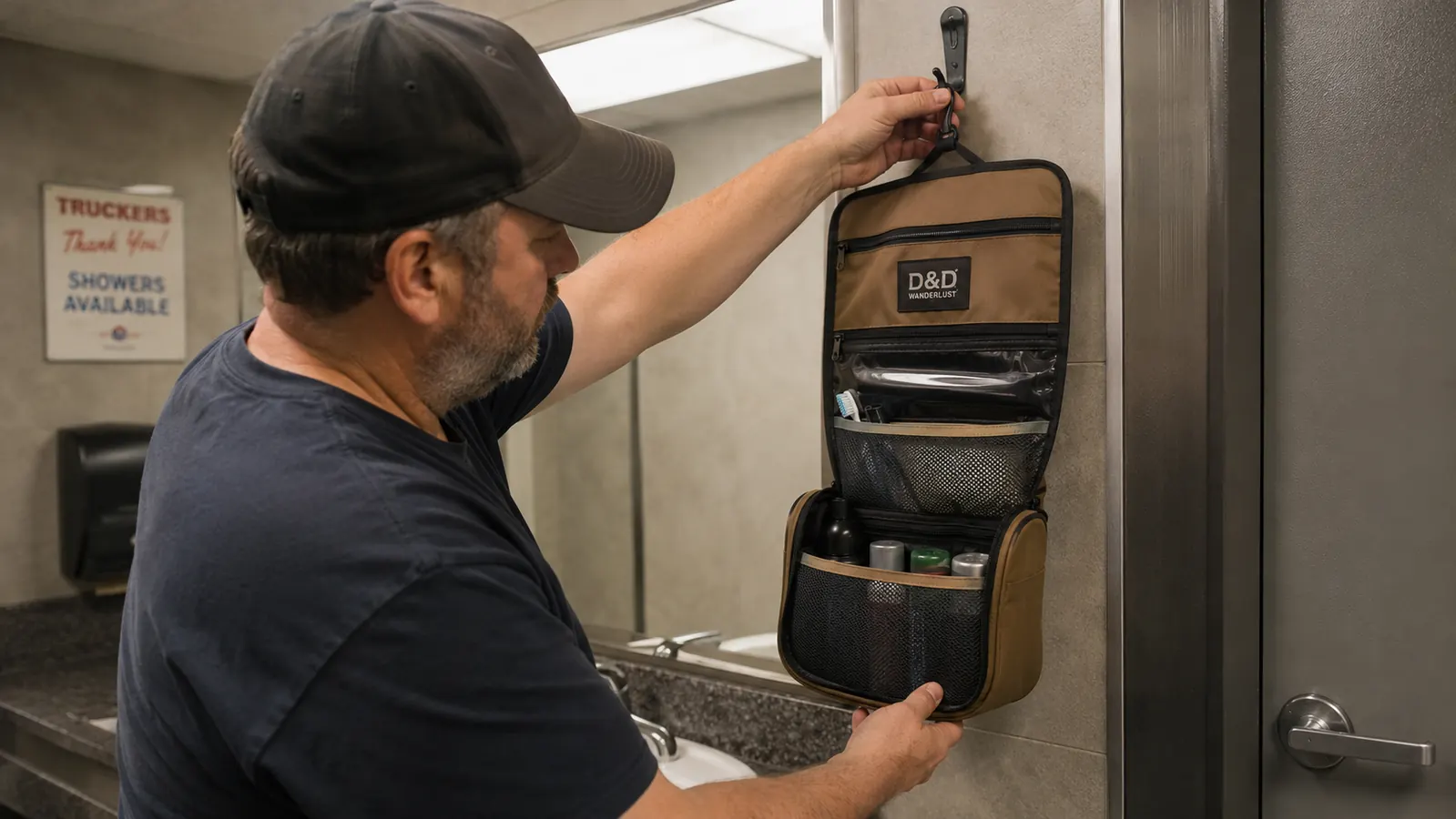 D&D Wanderlust hanging toiletry bag open and hanging from a truck stop shower rod, organized compartments visible