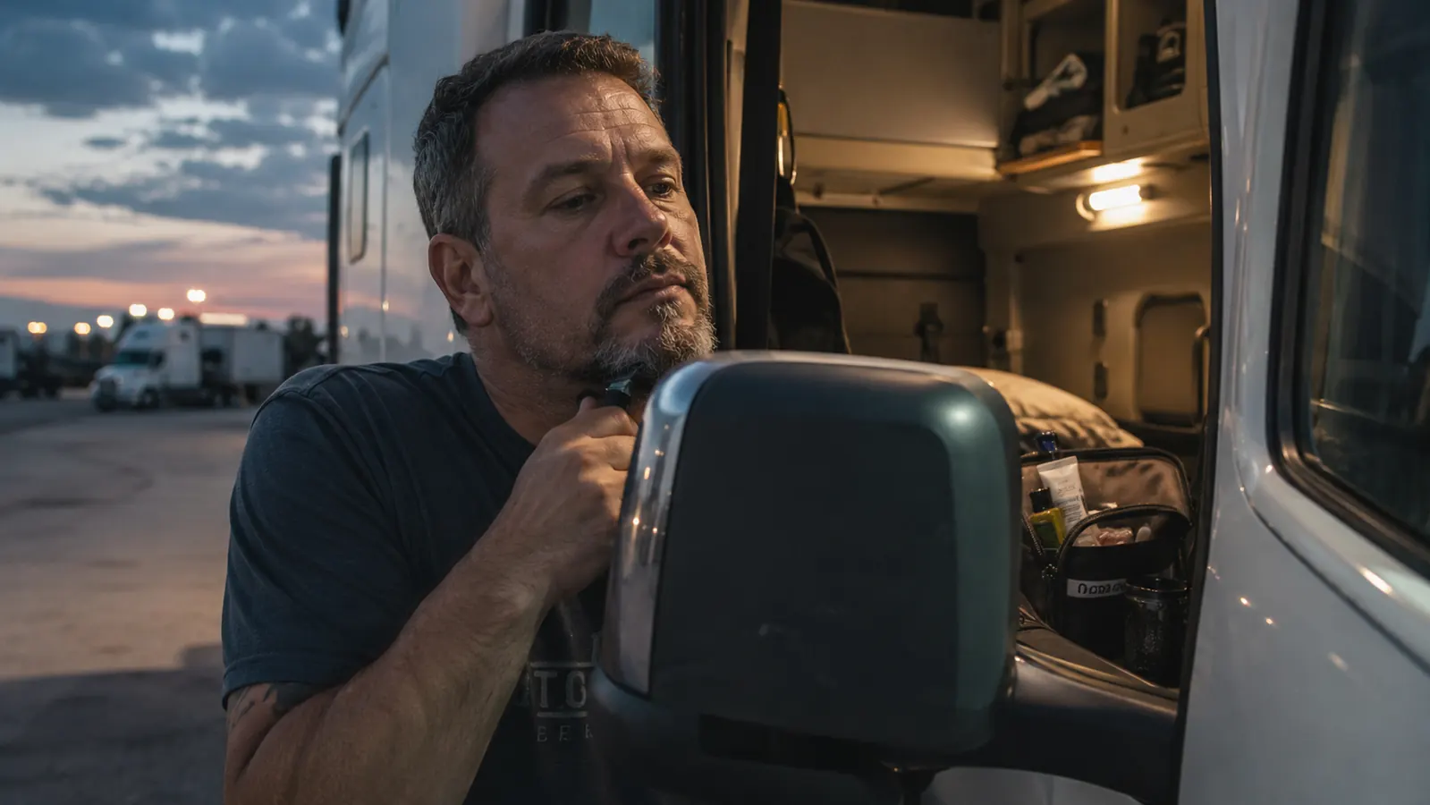 Trucker's side mirror view from inside the cab with a small travel grooming bag on the passenger seat and open highway ahead